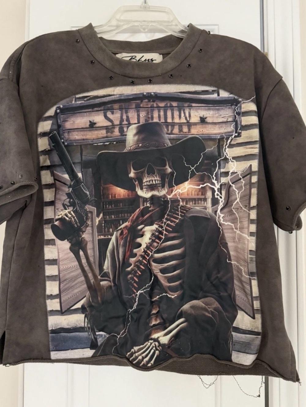 BKYS Graphic Studded Cowboy Skeleton Western T-Shirt Men's Small Short Sleeve